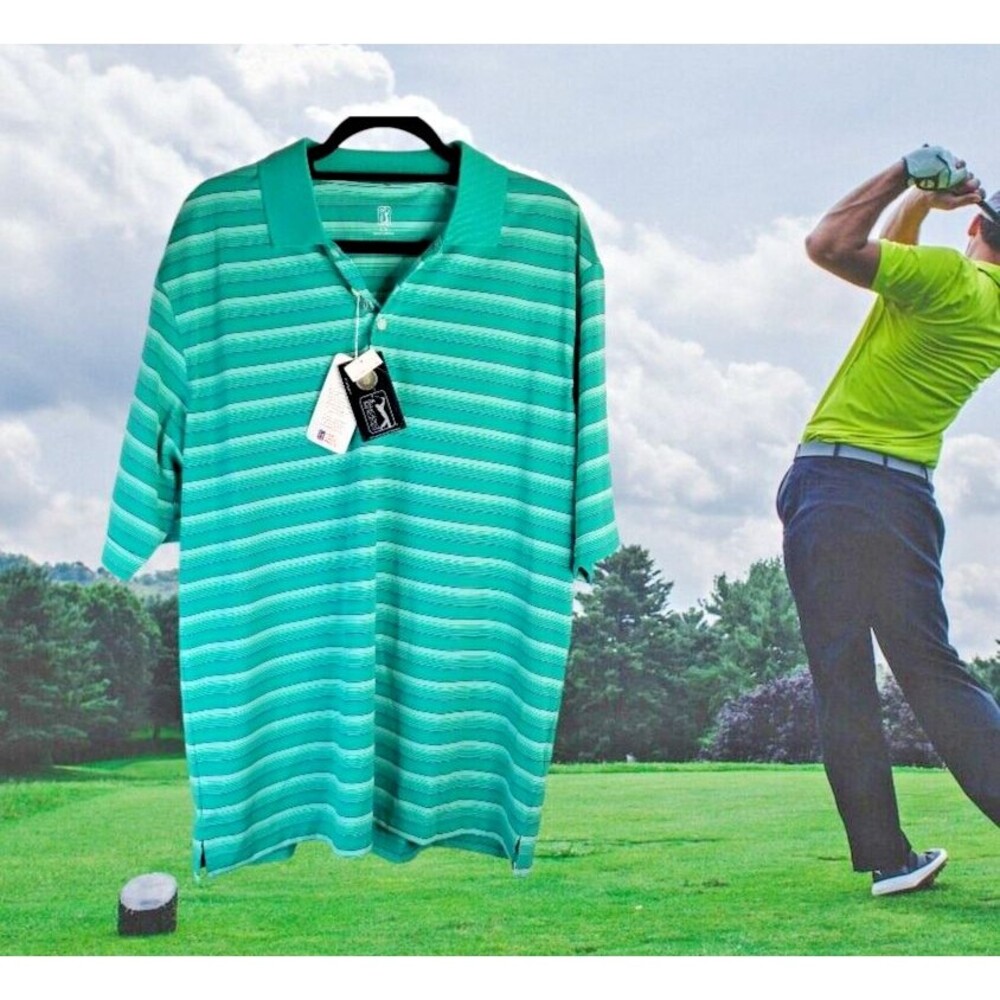 PGA Tour Men's Golf Polo Striped Design Green NEW with Tags Classic Size Large